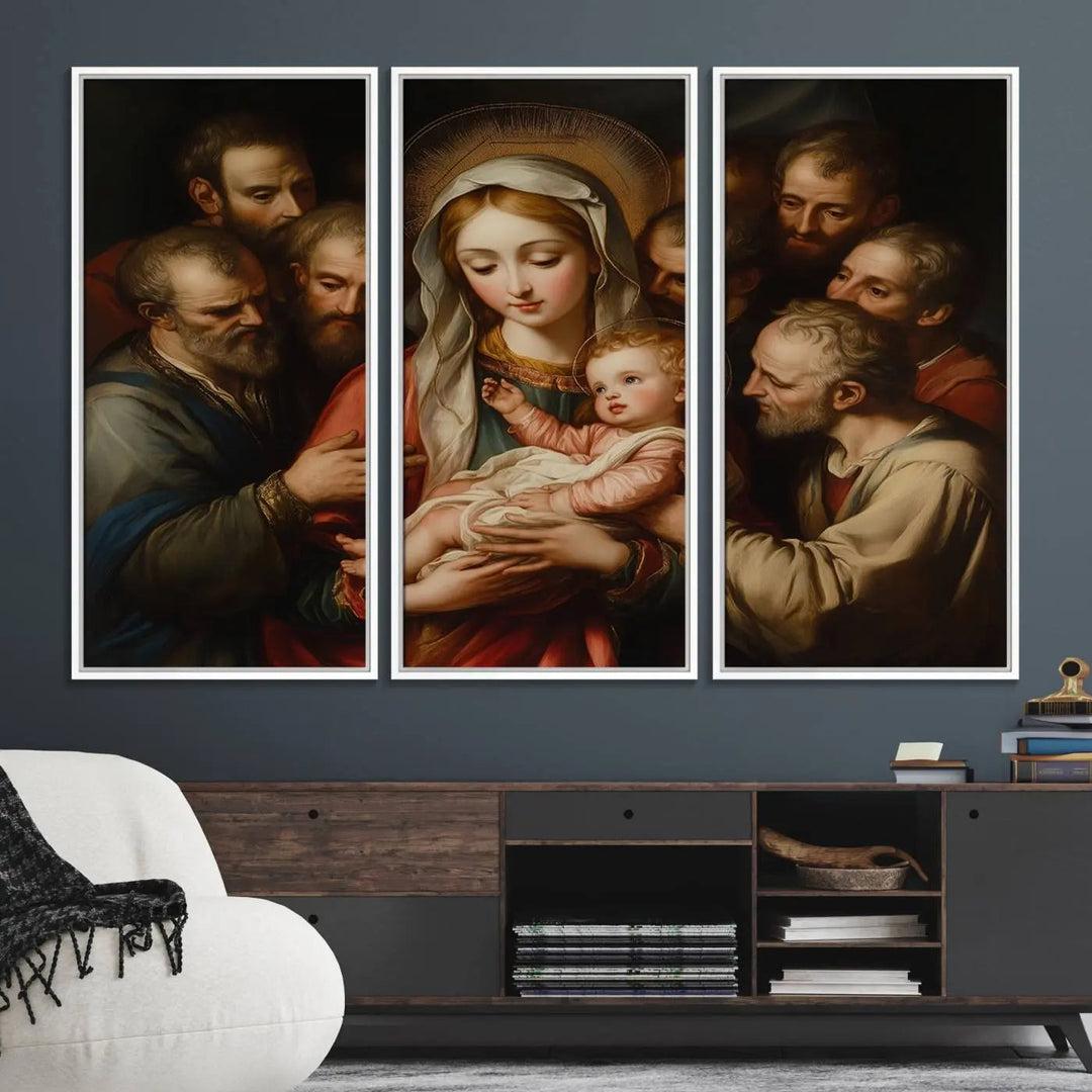 Displayed on a wall is the Religious Canvas Wall Art Print titled "Madonna and Child with Apostles," featuring classic Christian artwork reminiscent of traditional Madonna and Child imagery.