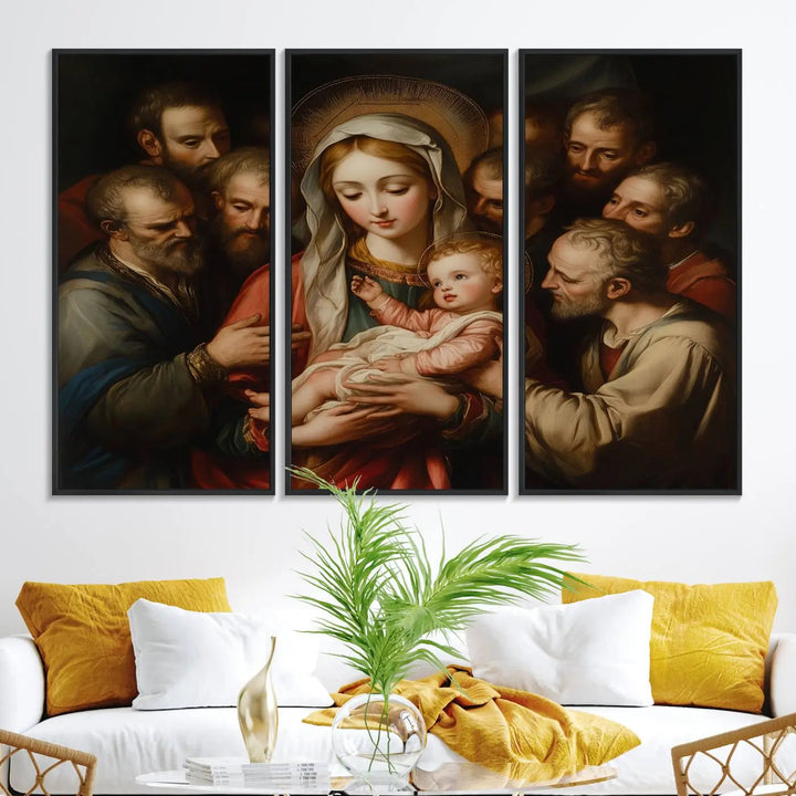 Displayed on a wall is the Religious Canvas Wall Art Print titled "Madonna and Child with Apostles," featuring classic Christian artwork reminiscent of traditional Madonna and Child imagery.