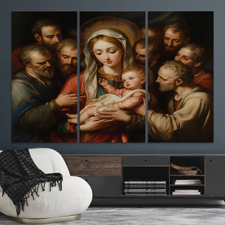 Displayed on a wall is the Religious Canvas Wall Art Print titled "Madonna and Child with Apostles," featuring classic Christian artwork reminiscent of traditional Madonna and Child imagery.