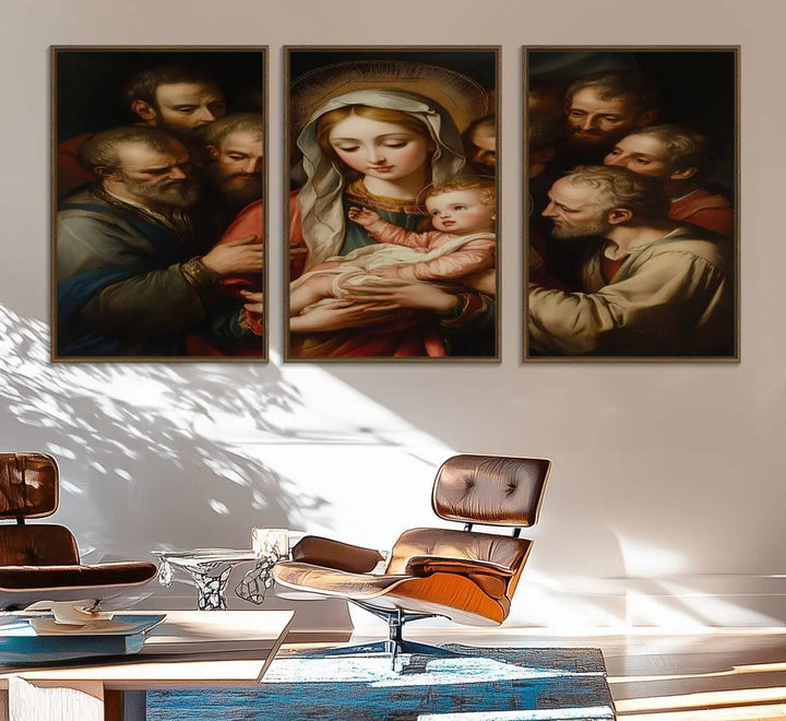 Displayed on a wall is the Religious Canvas Wall Art Print titled "Madonna and Child with Apostles," featuring classic Christian artwork reminiscent of traditional Madonna and Child imagery.