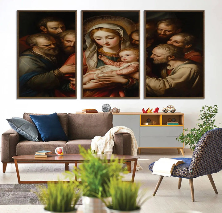 Displayed on a wall is the Religious Canvas Wall Art Print titled "Madonna and Child with Apostles," featuring classic Christian artwork reminiscent of traditional Madonna and Child imagery.