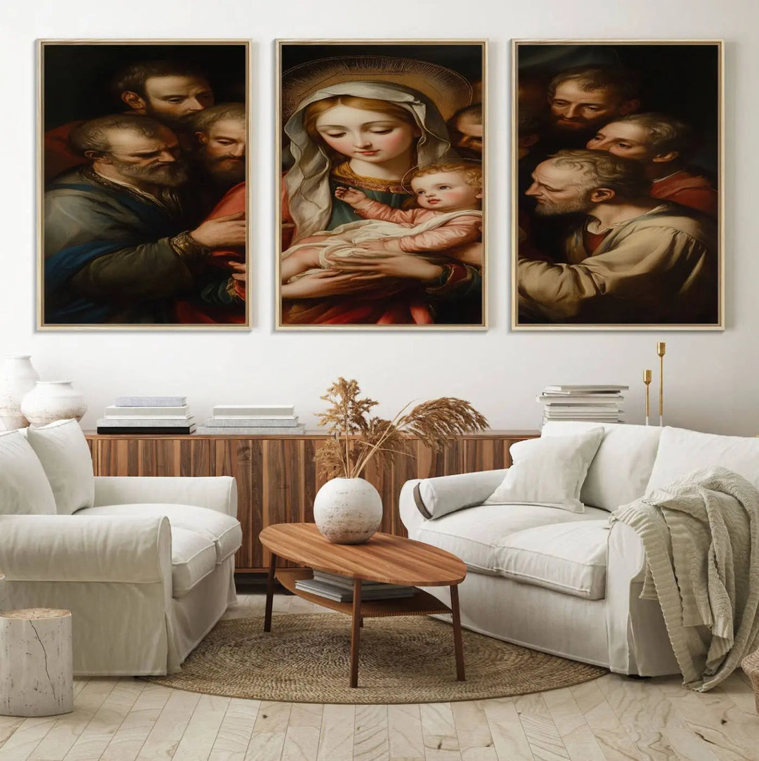 Displayed on a wall is the Religious Canvas Wall Art Print titled "Madonna and Child with Apostles," featuring classic Christian artwork reminiscent of traditional Madonna and Child imagery.