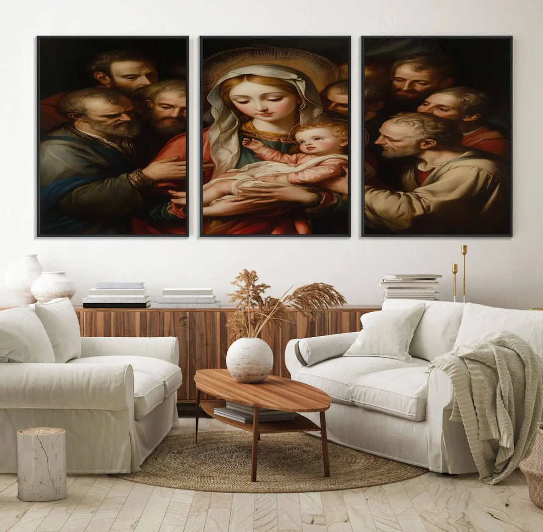 Displayed on a wall is the Religious Canvas Wall Art Print titled "Madonna and Child with Apostles," featuring classic Christian artwork reminiscent of traditional Madonna and Child imagery.