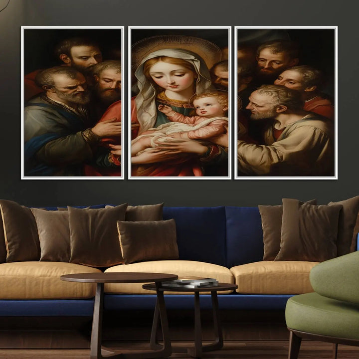 Displayed on a wall is the Religious Canvas Wall Art Print titled "Madonna and Child with Apostles," featuring classic Christian artwork reminiscent of traditional Madonna and Child imagery.