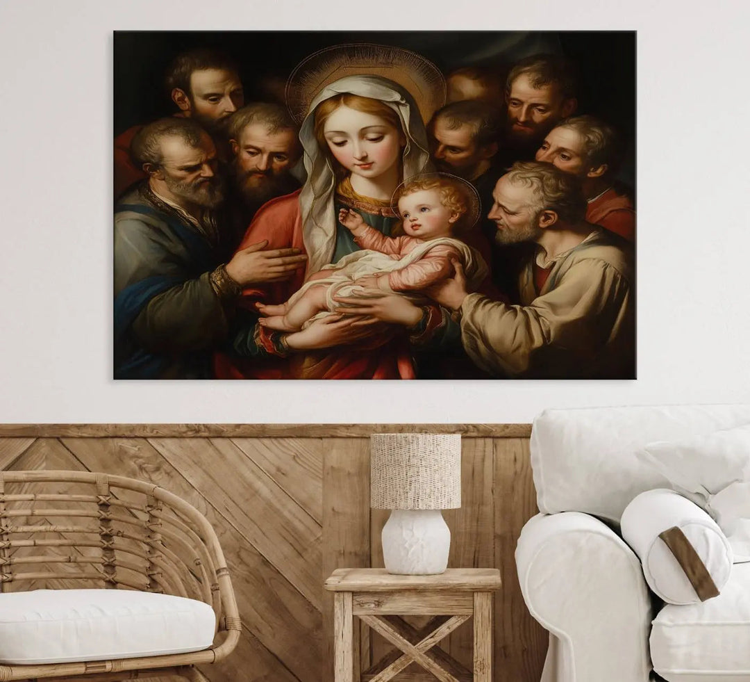 Displayed on a wall is the Religious Canvas Wall Art Print titled "Madonna and Child with Apostles," featuring classic Christian artwork reminiscent of traditional Madonna and Child imagery.