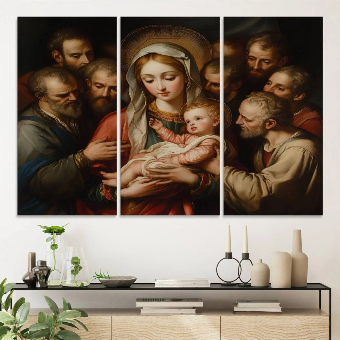 Displayed on a wall is the Religious Canvas Wall Art Print titled "Madonna and Child with Apostles," featuring classic Christian artwork reminiscent of traditional Madonna and Child imagery.