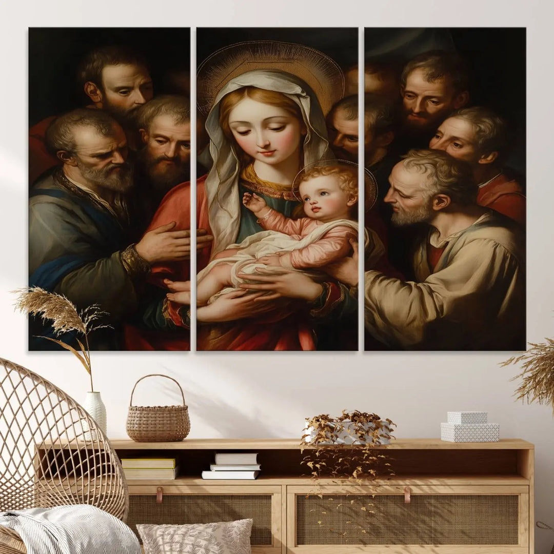 Displayed on a wall is the Religious Canvas Wall Art Print titled "Madonna and Child with Apostles," featuring classic Christian artwork reminiscent of traditional Madonna and Child imagery.