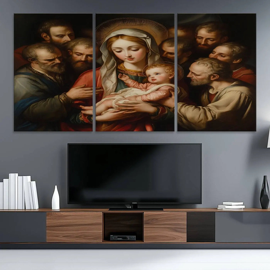 Displayed on a wall is the Religious Canvas Wall Art Print titled "Madonna and Child with Apostles," featuring classic Christian artwork reminiscent of traditional Madonna and Child imagery.