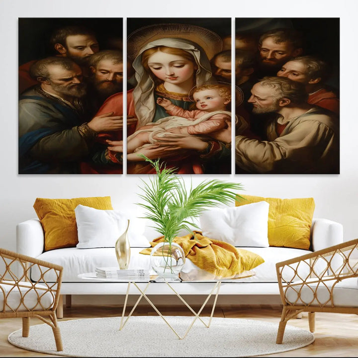 Displayed on a wall is the Religious Canvas Wall Art Print titled "Madonna and Child with Apostles," featuring classic Christian artwork reminiscent of traditional Madonna and Child imagery.