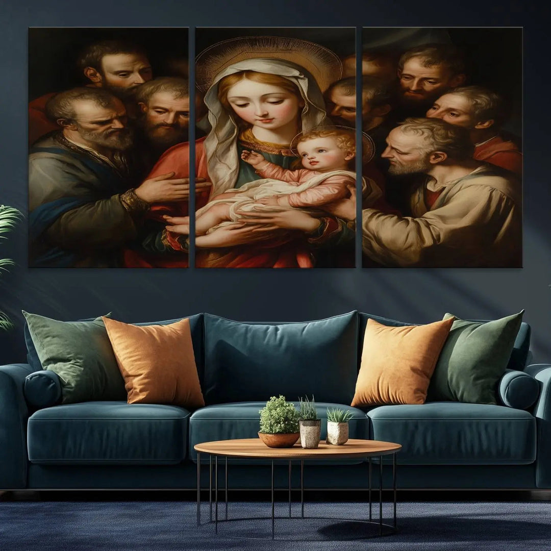 Displayed on a wall is the Religious Canvas Wall Art Print titled "Madonna and Child with Apostles," featuring classic Christian artwork reminiscent of traditional Madonna and Child imagery.