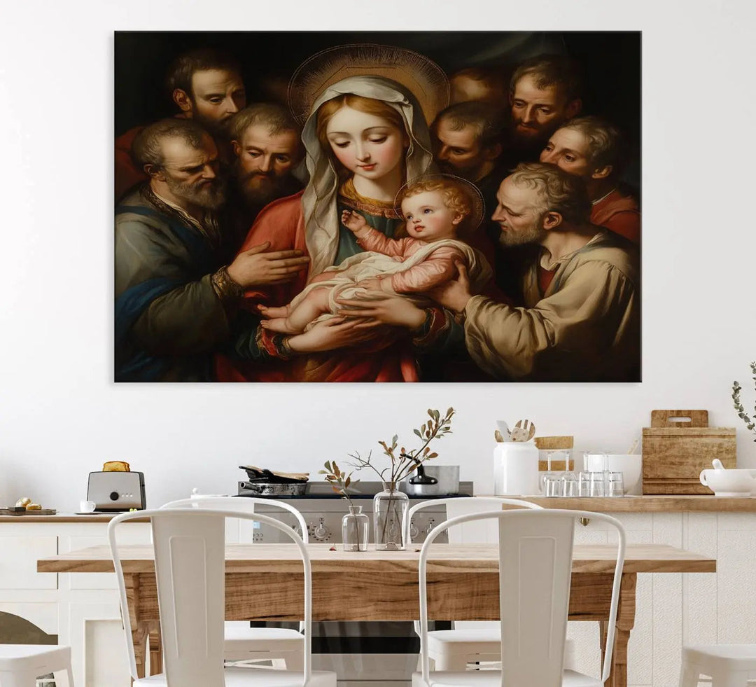 Displayed on a wall is the Religious Canvas Wall Art Print titled "Madonna and Child with Apostles," featuring classic Christian artwork reminiscent of traditional Madonna and Child imagery.