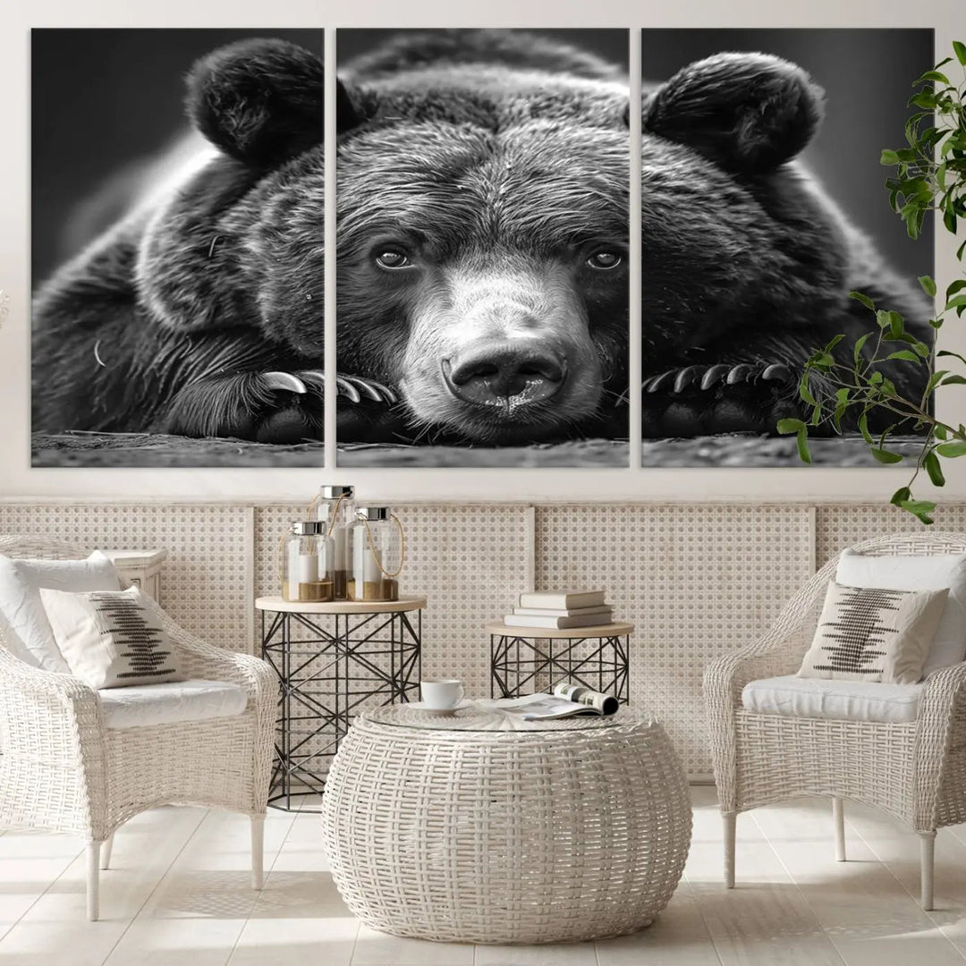 The black and white triptych, titled "Resting Grizzly 399 Bear Canvas Print," is a perfect gift for nature enthusiasts. Displaying a grizzly bear lying down, this wildlife art piece incorporates nautical elements like ships and a diving helmet, adding intriguing details to its rustic cabin and farmhouse decor vibe.