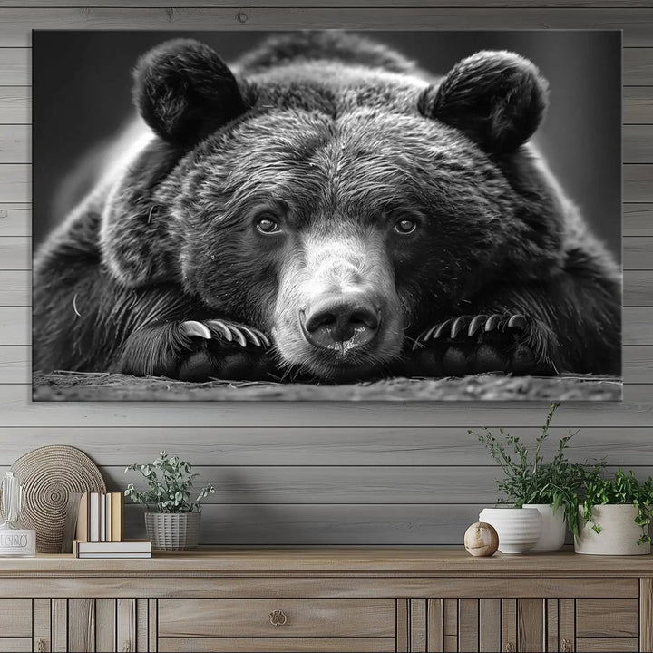 The black and white triptych, titled "Resting Grizzly 399 Bear Canvas Print," is a perfect gift for nature enthusiasts. Displaying a grizzly bear lying down, this wildlife art piece incorporates nautical elements like ships and a diving helmet, adding intriguing details to its rustic cabin and farmhouse decor vibe.