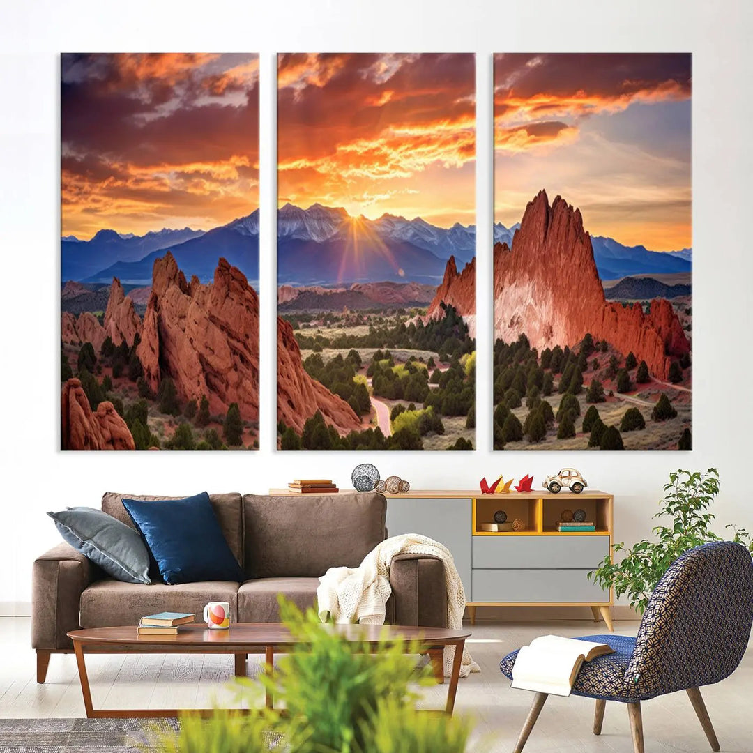 The Rocky Mountains Sunset Wall Art Canvas Print is a three-panel, ready-to-hang framed depiction of a Colorado landscape, perfect for nature lovers.