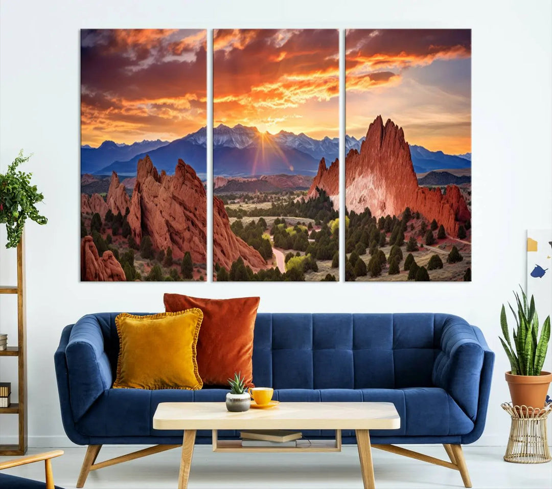 The Rocky Mountains Sunset Wall Art Canvas Print is a three-panel, ready-to-hang framed depiction of a Colorado landscape, perfect for nature lovers.