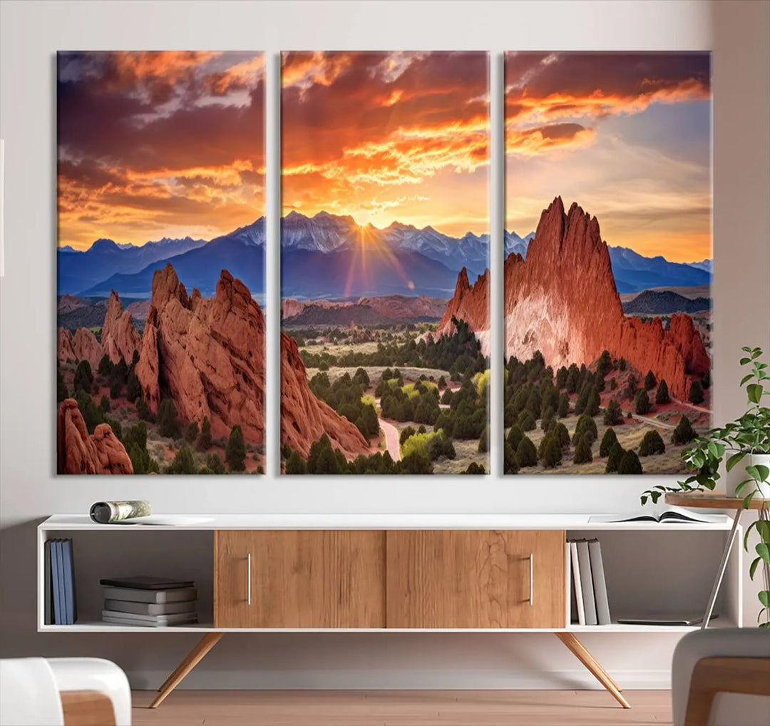 The Rocky Mountains Sunset Wall Art Canvas Print is a three-panel, ready-to-hang framed depiction of a Colorado landscape, perfect for nature lovers.