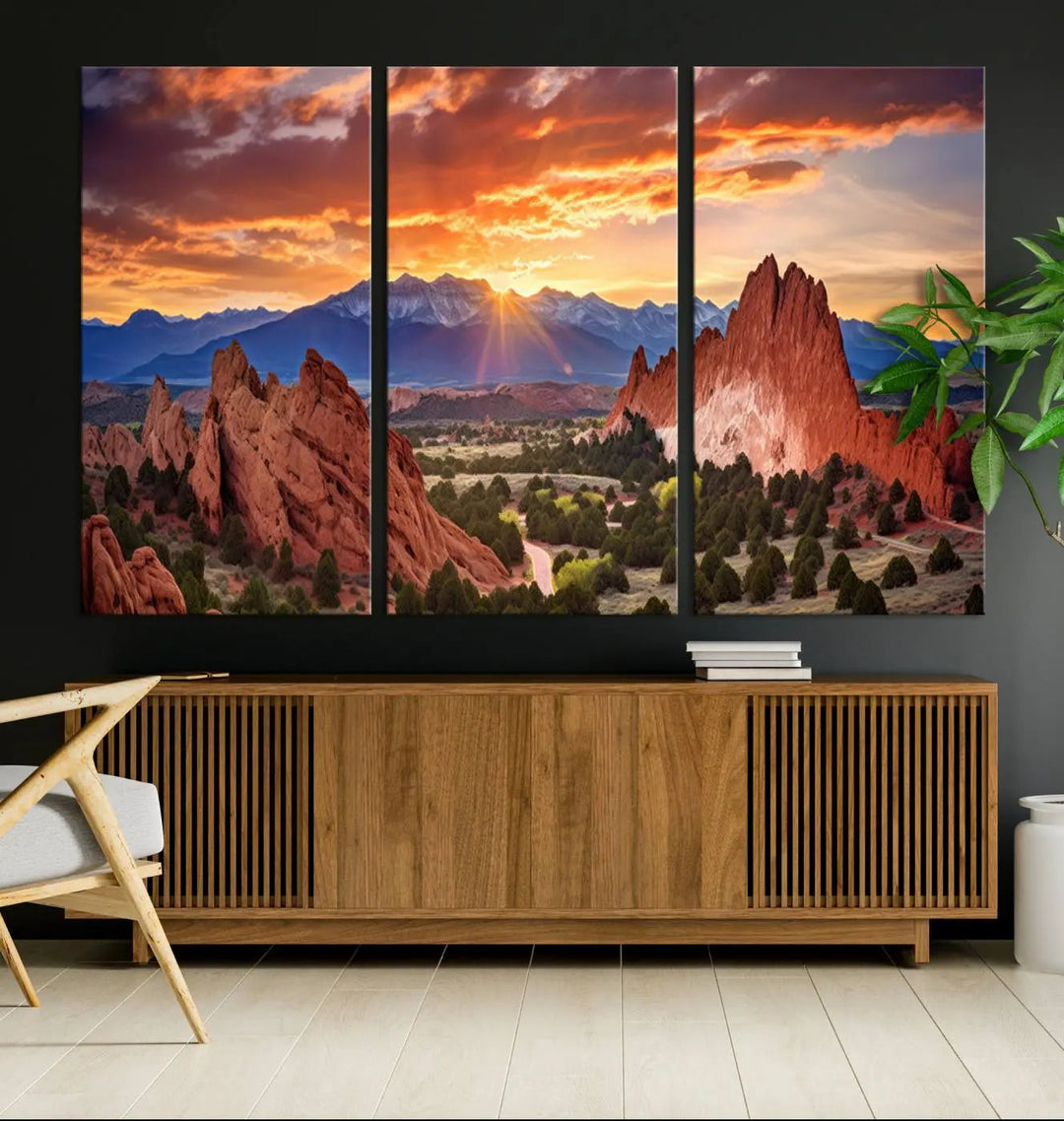 The Rocky Mountains Sunset Wall Art Canvas Print is a three-panel, ready-to-hang framed depiction of a Colorado landscape, perfect for nature lovers.