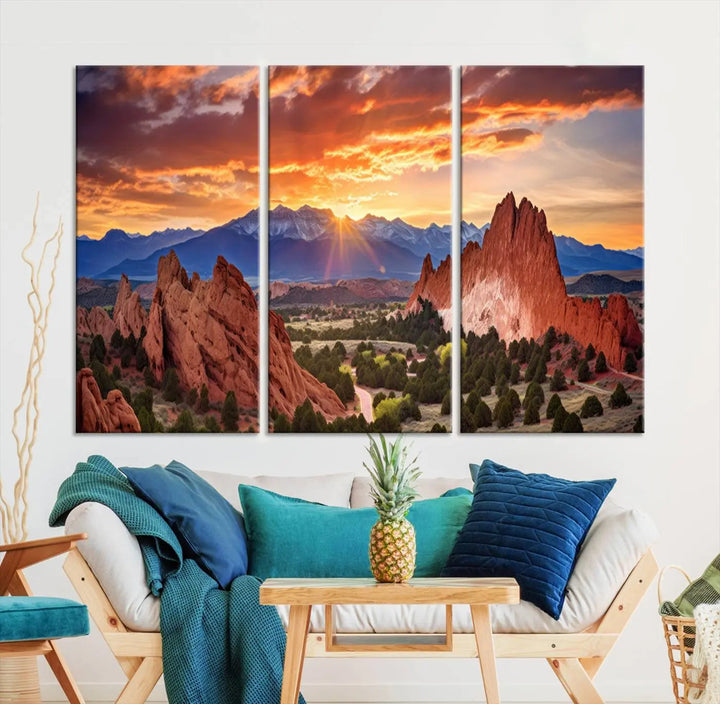 The Rocky Mountains Sunset Wall Art Canvas Print is a three-panel, ready-to-hang framed depiction of a Colorado landscape, perfect for nature lovers.