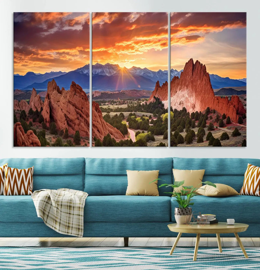 The Rocky Mountains Sunset Wall Art Canvas Print is a three-panel, ready-to-hang framed depiction of a Colorado landscape, perfect for nature lovers.