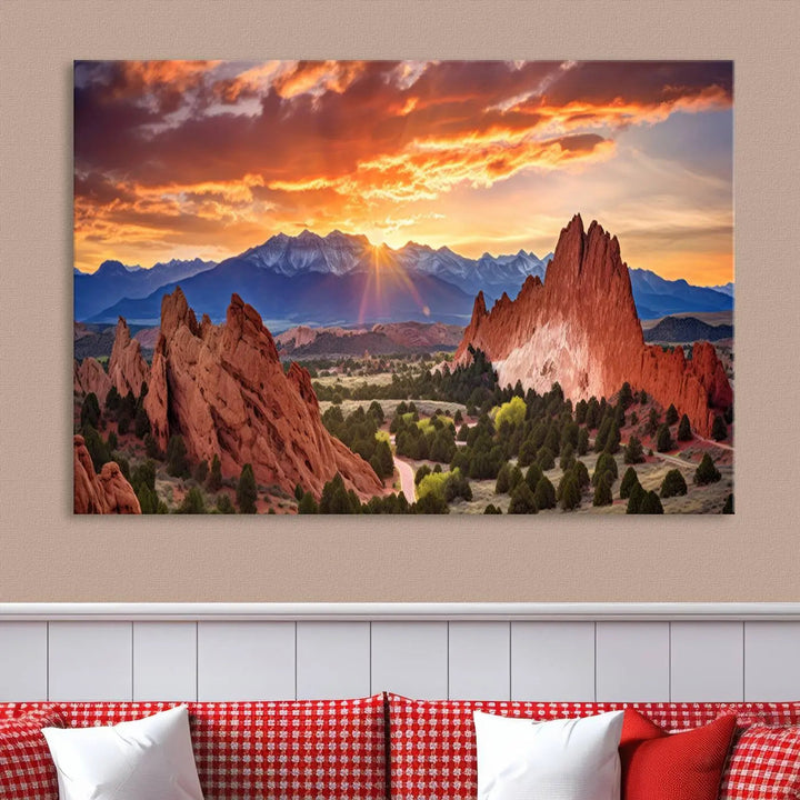 The Rocky Mountains Sunset Wall Art Canvas Print is a three-panel, ready-to-hang framed depiction of a Colorado landscape, perfect for nature lovers.