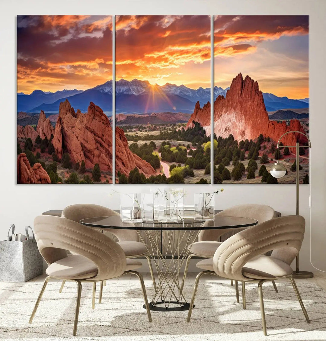 The Rocky Mountains Sunset Wall Art Canvas Print is a three-panel, ready-to-hang framed depiction of a Colorado landscape, perfect for nature lovers.