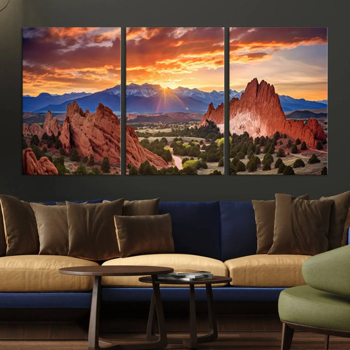 The Rocky Mountains Sunset Wall Art Canvas Print is a three-panel, ready-to-hang framed depiction of a Colorado landscape, perfect for nature lovers.