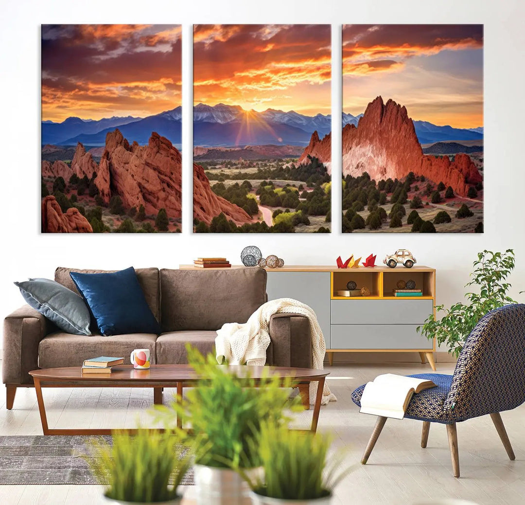 The Rocky Mountains Sunset Wall Art Canvas Print is a three-panel, ready-to-hang framed depiction of a Colorado landscape, perfect for nature lovers.