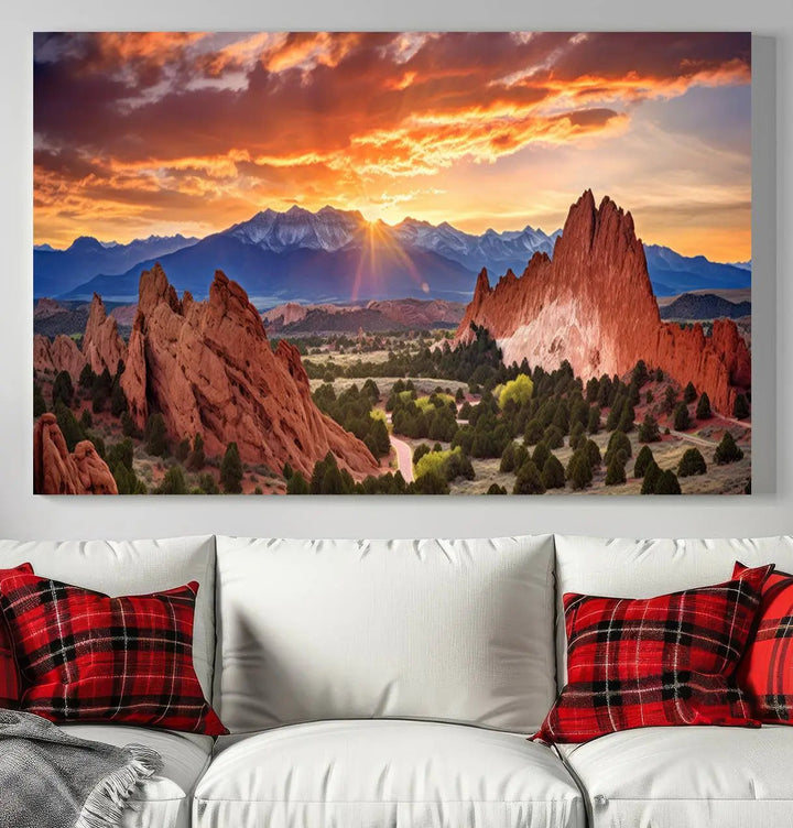 The Rocky Mountains Sunset Wall Art Canvas Print is a three-panel, ready-to-hang framed depiction of a Colorado landscape, perfect for nature lovers.