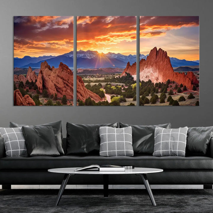 The Rocky Mountains Sunset Wall Art Canvas Print is a three-panel, ready-to-hang framed depiction of a Colorado landscape, perfect for nature lovers.