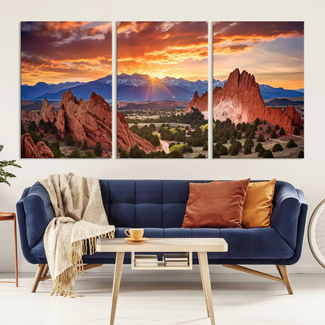 The Rocky Mountains Sunset Wall Art Canvas Print is a three-panel, ready-to-hang framed depiction of a Colorado landscape, perfect for nature lovers.