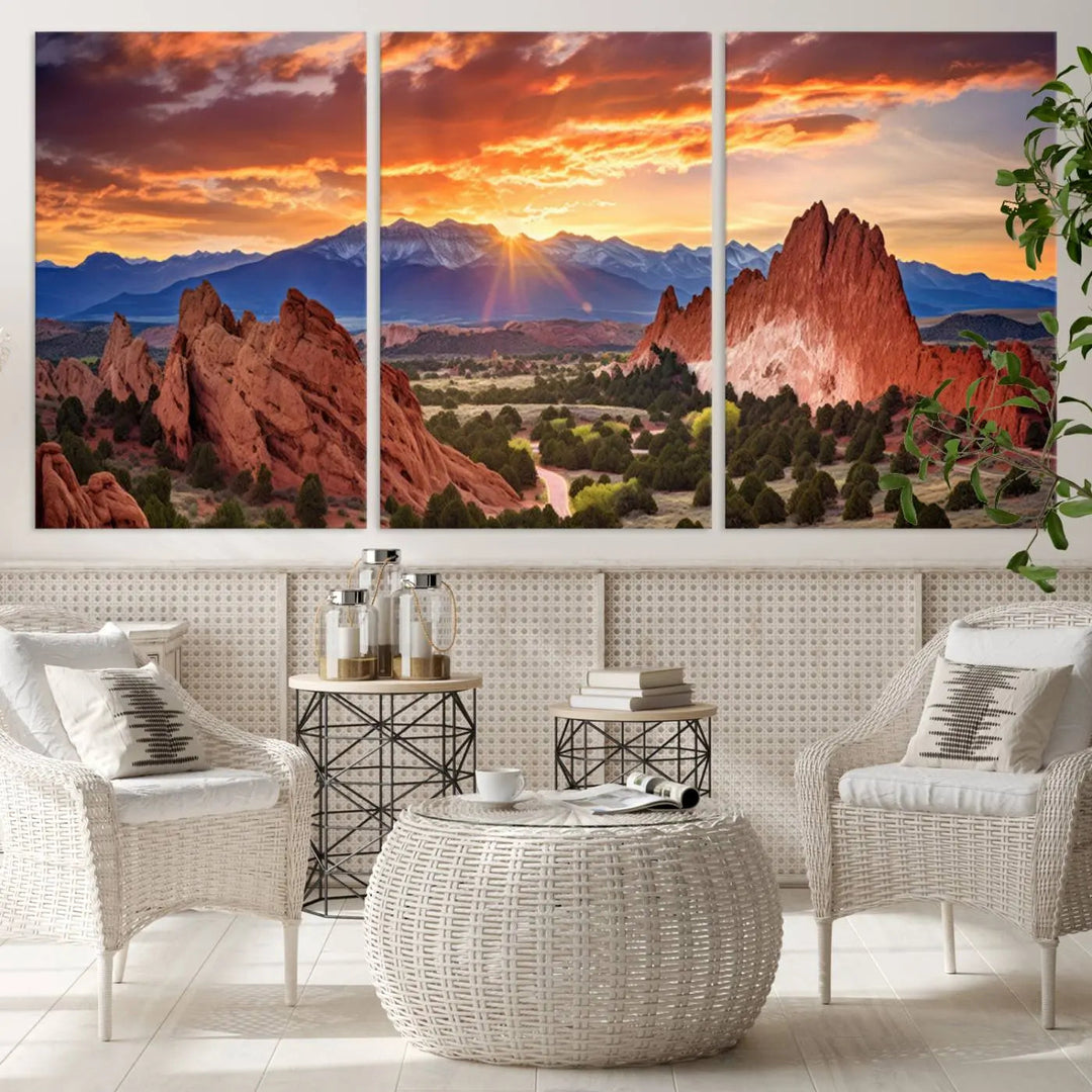 The Rocky Mountains Sunset Wall Art Canvas Print is a three-panel, ready-to-hang framed depiction of a Colorado landscape, perfect for nature lovers.