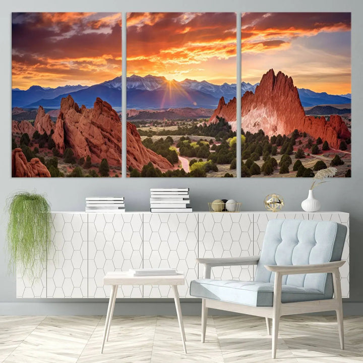 The Rocky Mountains Sunset Wall Art Canvas Print is a three-panel, ready-to-hang framed depiction of a Colorado landscape, perfect for nature lovers.