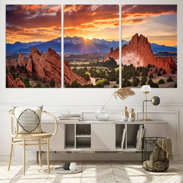 The Rocky Mountains Sunset Wall Art Canvas Print is a three-panel, ready-to-hang framed depiction of a Colorado landscape, perfect for nature lovers.