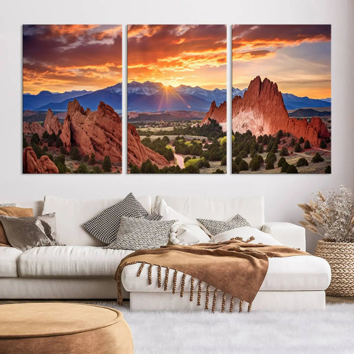 The Rocky Mountains Sunset Wall Art Canvas Print is a three-panel, ready-to-hang framed depiction of a Colorado landscape, perfect for nature lovers.