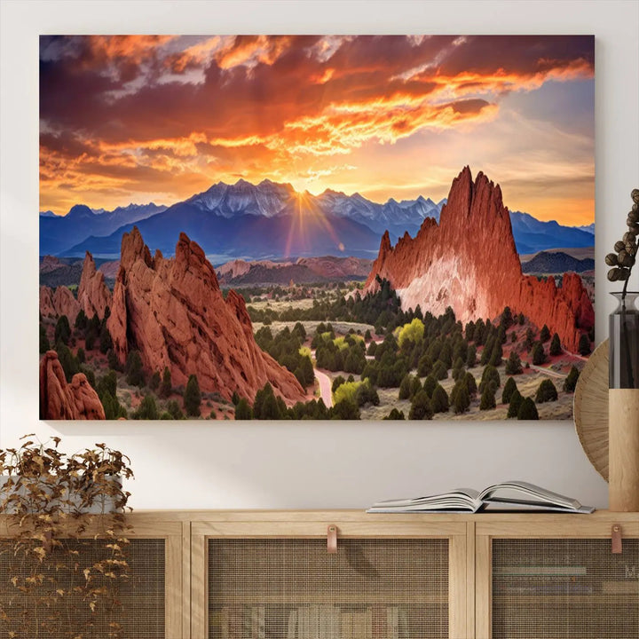 The Rocky Mountains Sunset Wall Art Canvas Print is a three-panel, ready-to-hang framed depiction of a Colorado landscape, perfect for nature lovers.