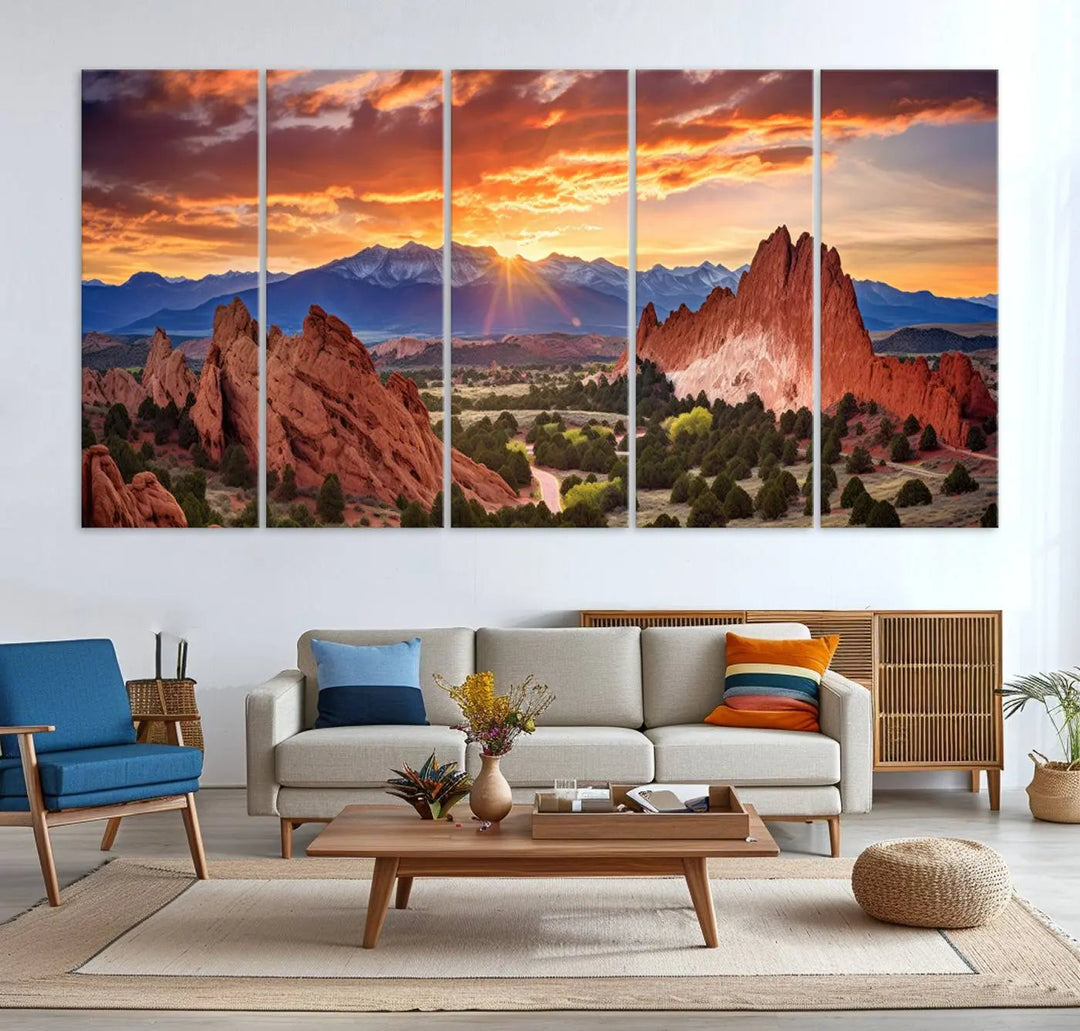 The Rocky Mountains Sunset Wall Art Canvas Print is a three-panel, ready-to-hang framed depiction of a Colorado landscape, perfect for nature lovers.