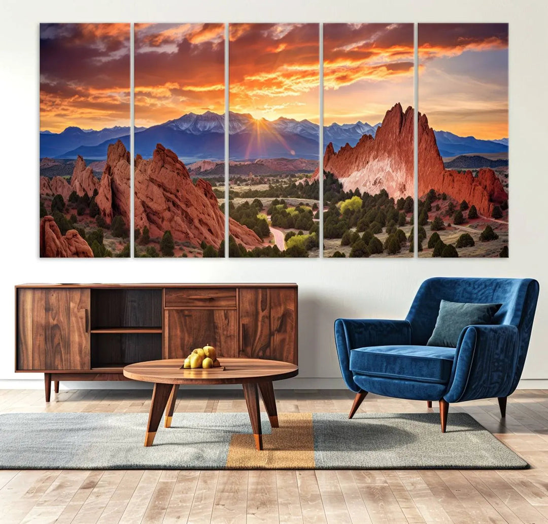 The Rocky Mountains Sunset Wall Art Canvas Print is a three-panel, ready-to-hang framed depiction of a Colorado landscape, perfect for nature lovers.