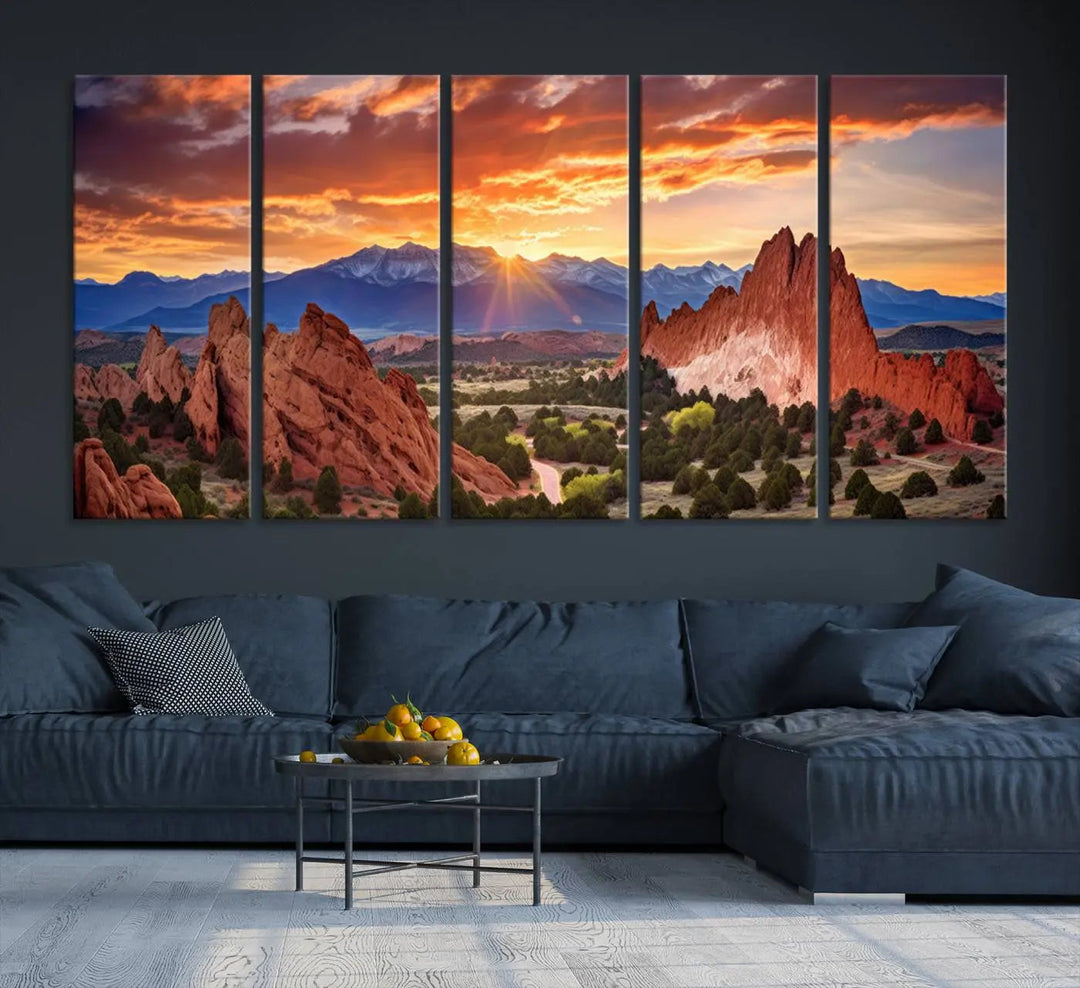 The Rocky Mountains Sunset Wall Art Canvas Print is a three-panel, ready-to-hang framed depiction of a Colorado landscape, perfect for nature lovers.