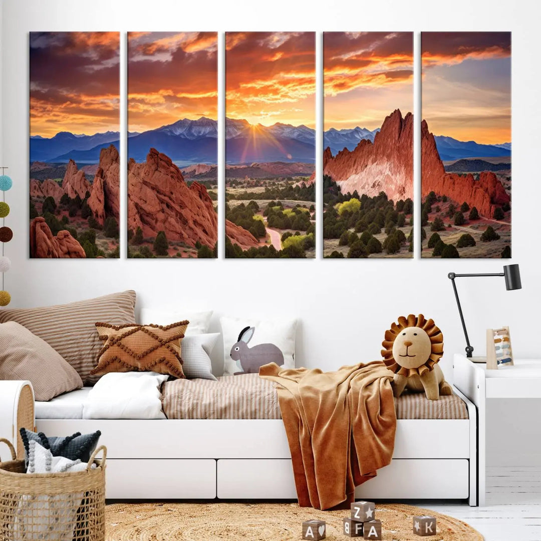 The Rocky Mountains Sunset Wall Art Canvas Print is a three-panel, ready-to-hang framed depiction of a Colorado landscape, perfect for nature lovers.