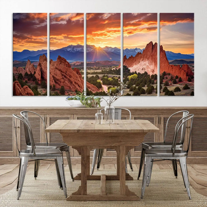 The Rocky Mountains Sunset Wall Art Canvas Print is a three-panel, ready-to-hang framed depiction of a Colorado landscape, perfect for nature lovers.