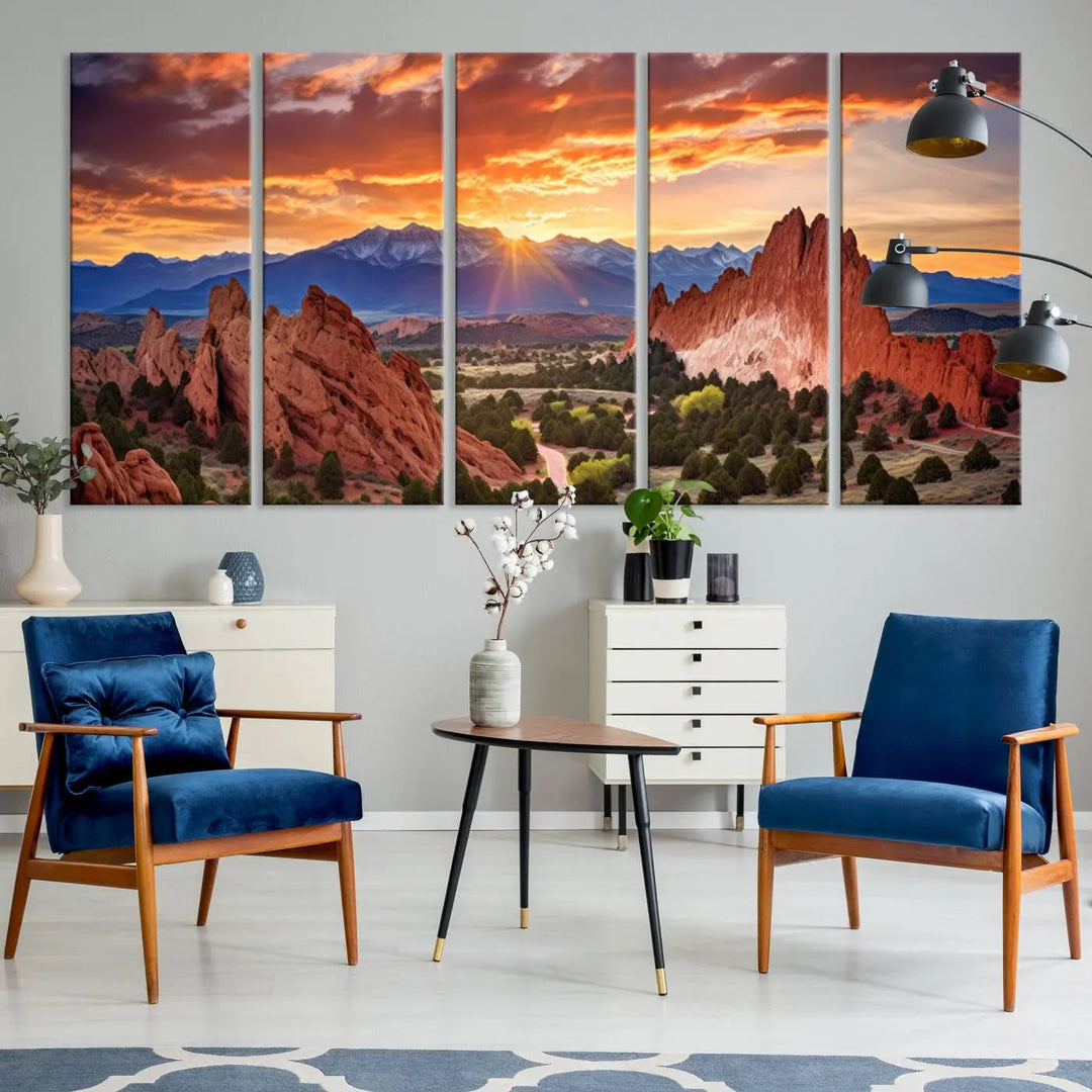 The Rocky Mountains Sunset Wall Art Canvas Print is a three-panel, ready-to-hang framed depiction of a Colorado landscape, perfect for nature lovers.