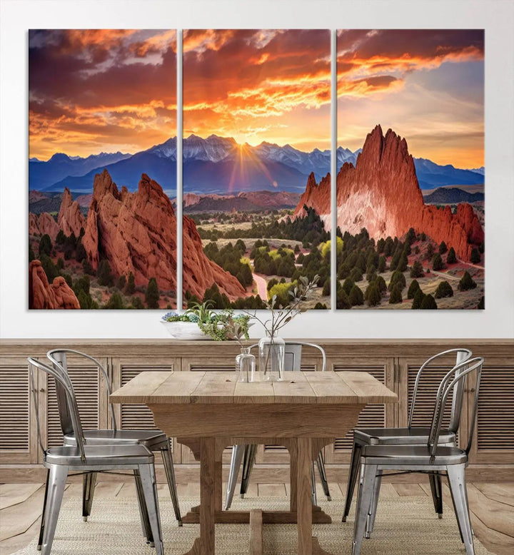 The Rocky Mountains Sunset Wall Art Canvas Print is a three-panel, ready-to-hang framed depiction of a Colorado landscape, perfect for nature lovers.