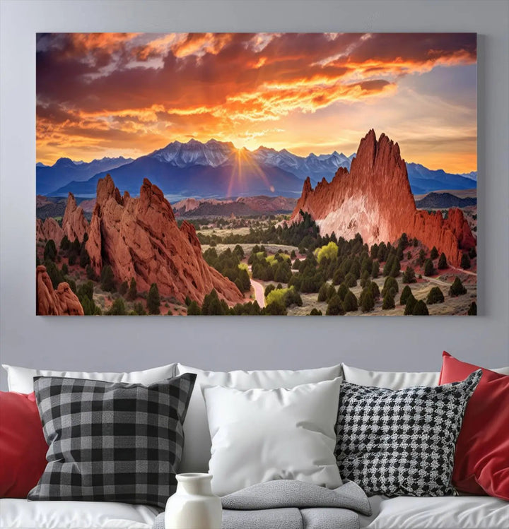 The Rocky Mountains Sunset Wall Art Canvas Print is a three-panel, ready-to-hang framed depiction of a Colorado landscape, perfect for nature lovers.