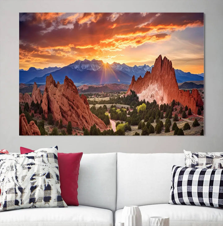 The Rocky Mountains Sunset Wall Art Canvas Print is a three-panel, ready-to-hang framed depiction of a Colorado landscape, perfect for nature lovers.