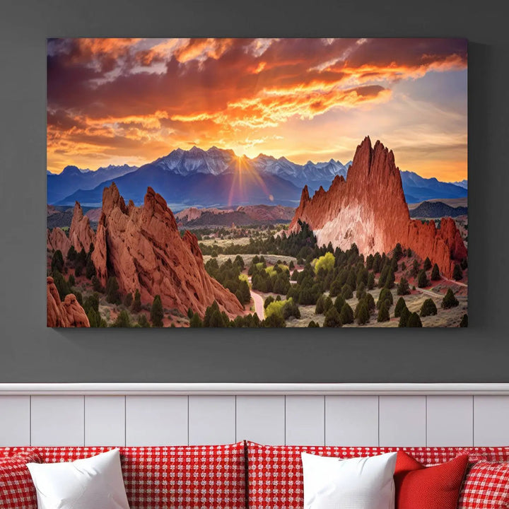 The Rocky Mountains Sunset Wall Art Canvas Print is a three-panel, ready-to-hang framed depiction of a Colorado landscape, perfect for nature lovers.