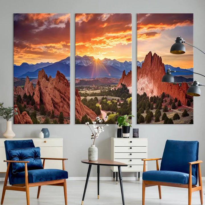 The Rocky Mountains Sunset Wall Art Canvas Print is a three-panel, ready-to-hang framed depiction of a Colorado landscape, perfect for nature lovers.