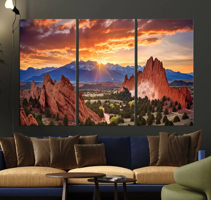 The Rocky Mountains Sunset Wall Art Canvas Print is a three-panel, ready-to-hang framed depiction of a Colorado landscape, perfect for nature lovers.