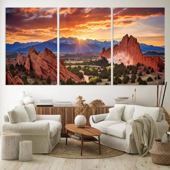 The Rocky Mountains Sunset Wall Art Canvas Print is a three-panel, ready-to-hang framed depiction of a Colorado landscape, perfect for nature lovers.