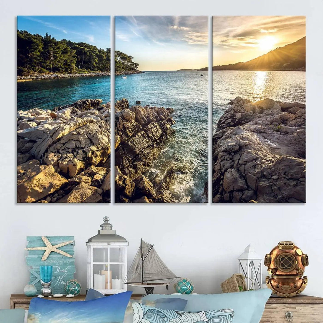 Rocky Shoreline Sunset Triptych Canvas Wall Art, Coastal Landscape Giclee Print with Gallery Wrap, Ocean Horizon Decor