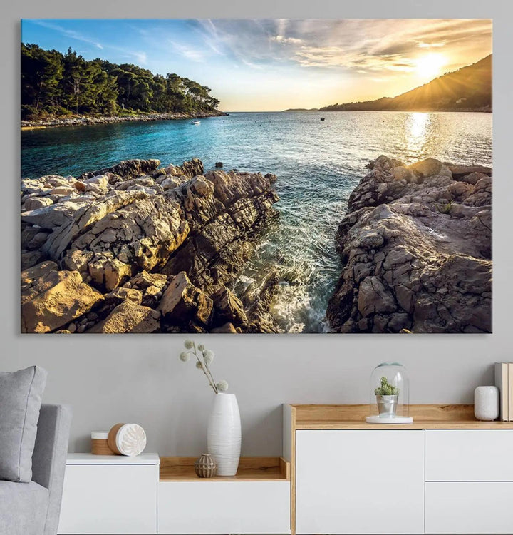 Rocky Shoreline Sunset Triptych Canvas Wall Art, Coastal Landscape Giclee Print with Gallery Wrap, Ocean Horizon Decor